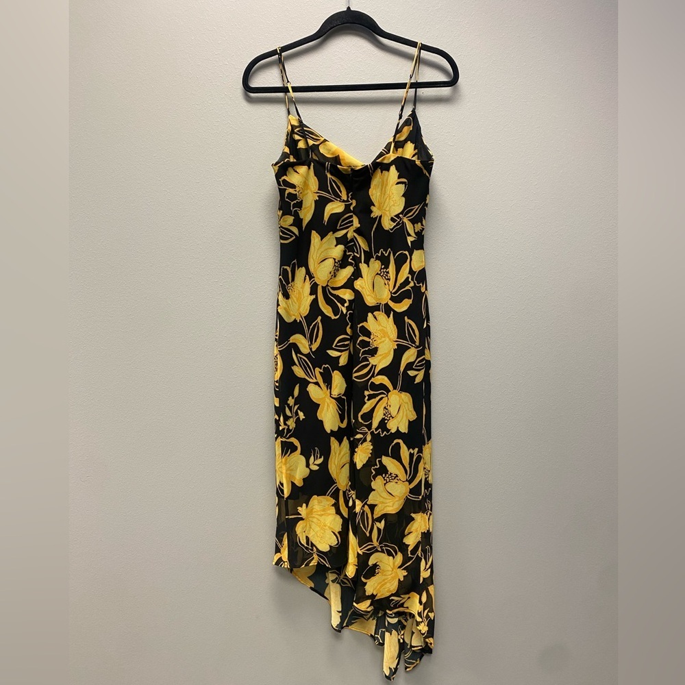 C/MEO On and Off Black and Yellow Floral Print Asymmetrical Midi Dress Sz Large - Picture 9 of 15
